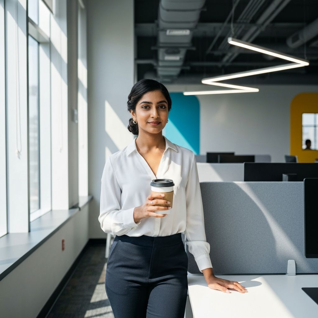 Професионалец с чашка кафе на работното място, енергичен момент, съвременна офис среда