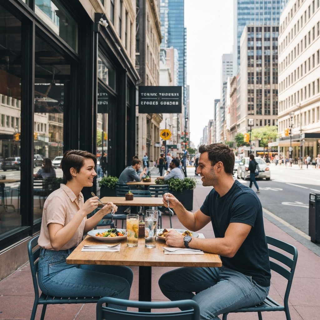 Градски професионалци, които ядат обяд на открито, оживена град улица, ресторант скена